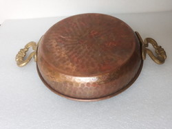 Old copper pot, frying pan with brass tongs
