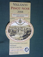 Bor címke, Pécs püspöki pincészet, borgazdaság, Villányi Pinot Noir bor