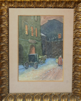 Hintó a hóesésben - téli utcakép (akvarell kerettel) havas, karácsonyi hangulatú jelenet