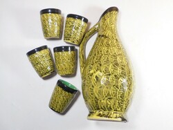 Retro old colorful glazed painted ceramic brandy set - pitcher and 5 glasses