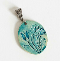 Blue ceramic pendant with tulip pattern - necklace pendant, jewelry