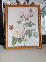 Fa keretben lévő szép rózsás, pillangós antik nyomat 28 x 23 cm