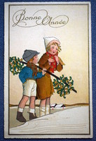 Old New Year graphic greeting card - children, snowy landscape, holly
