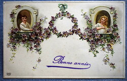 Antique embossed New Year greeting card - little girl, little boy, flower