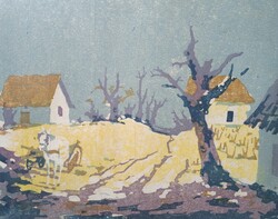 Ender Török (1926-1980): vineyard road (colored linocut in frame) artist born in Pilis