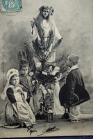 Antique French Christmas greeting photo postcard - children, Christmas tree, toys from 1903