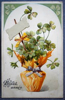 Antique embossed New Year greeting card - 4-leaf clover in a bouquet