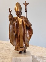 II. János Pál pápa réz egyedi jelzett kisplasztika szobor kegytárgy 16-17 cm