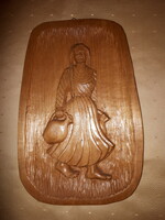 Hand-carved wooden plaque Girl with pitcher