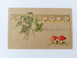 Old New Year's card embossed postcard mushroom clover