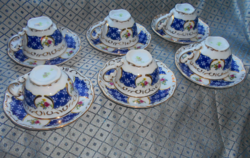 Zsolnay Marie Antoinette 6 coffee cups with saucers-feathered hand painting-gold contour