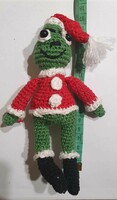 Crocheted Grinch in a Santa outfit