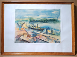 József István Mikes (1936-1983): harbor (watercolor) Vác painter