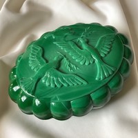 Malachit üveg zöld doboz láda ékszer tartó bonbonier madár galamb szerelmes gerle pár erdei állat