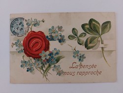Régi képeslap 1905 dombornyomott levelezőlap lóhere nefelejcs