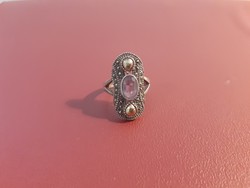 Art deco women's silver ring with 18k gold decoration and amethyst stone 6.41 grams