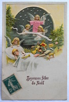 Antique embossed Christmas greeting card - sleeping child, angels, Christmas tree, toys