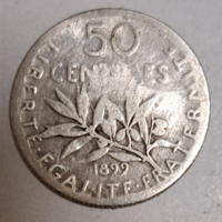 1899. ezüst Franciaország 50 Centimes pénz érme (H/6)