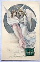 Antik Karácsonyi kézzel színezett üdvözlő képeslap - éneklő angyalok  1910ből