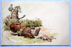 Antik  Meissner & Buch, Carl Becker grafikus üdvözlő képeslap -  lovasbaleset