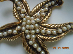 Brand new gold-plated niello starfish brooch with small inlaid pearls