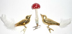 Glass bird and mushroom clip Christmas tree decoration 3 pcs