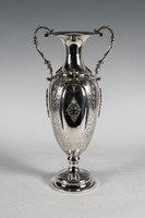 Large silver amphora vase with green stone inlay