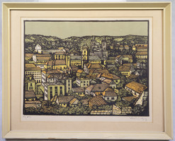 Lajos Mészáros (1925-1971): colored linocut from Győr