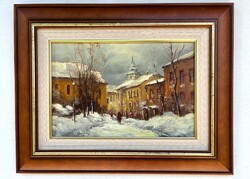 Bóna Jenő winter street framed 35x45cm