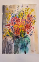 Petkes József:  Virágcsendélet akvarell, szignált, datált