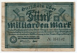 Németország Bréma 5 milliárd német Márka, 1923, szükségpénz
