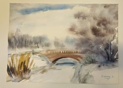 Petkes József:  Híd a patak felett akvarell, szignált, datált
