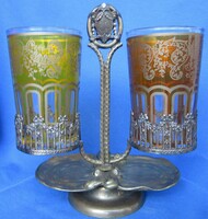 Réz Vin Bravais pohártartó 2 db üvegpohárral ,tartó 17 cm magas, pohár 10 cm magas
