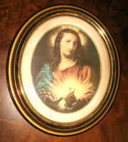 Old oval copper picture frame with holy picture 31 cm x 27 cm