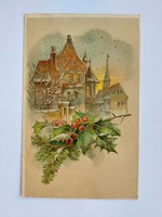 Old Christmas postcard embossed postcard holly branch church