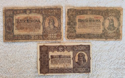 1923-as, kisméretű magyar 100, 500 és 1000 korona, nyomdahely nélkül (VF-G) | 3 db bankjegy