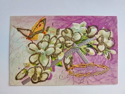 Old Easter postcard embossed postcard cross butterfly flowers