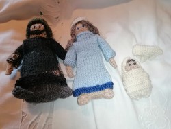 Hand-knitted father, mother, puppy and baby toy figures for doll houses and baby sitters