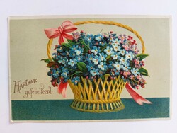 Old postcard embossed postcard in forget-me-not basket