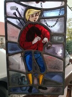 Antique stained glass window painted lead glass musician motif 584 8183