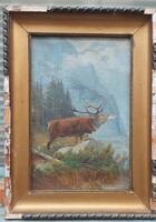 Signed oil on canvas painting with deer