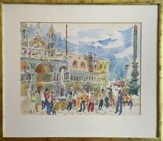 Pituk József Viktórián, Velence, St Mar tér, akvarell, 47x35 cm +keret, üveg alatt