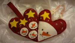 A Christmas tree decoration with a snowman heart or a small handmade gift for our loved ones