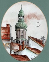 Fekete Judit Éva - Sopron, Tűztorony 14,5 x 11,5 cm akvarell, papír