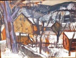 Dombrovszky Szaniszló (1928-2004) Havas Falu,Képcsarnokos Festmény