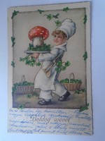 D199468 old postcard chef serving seedling mushrooms - New Year's card 1940's