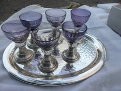 Set of 6 antique silver stemmed glasses with tray.