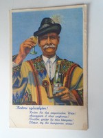 D199473 old postcard - to your health, Hungarian wine advertisement, folk costume György pálinkás