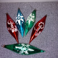 5 old, glass, oblong Christmas tree ornaments.