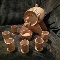 Wooden barrel with glasses, drinks set